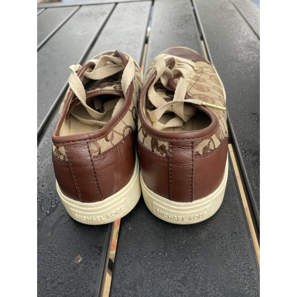 Michael Kors Womens MK Monogram Logo Low Top Sneakers Brown Tan Leather Trim - Picture 6 of 9